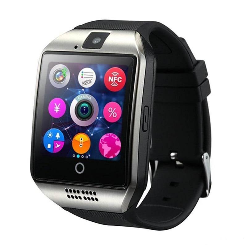 Smart Watch Μοντέλο Q18 με κάμερα και υποδοχή κάρτας SIM Silver με μαύρο σιλικόνη αλυσίδα