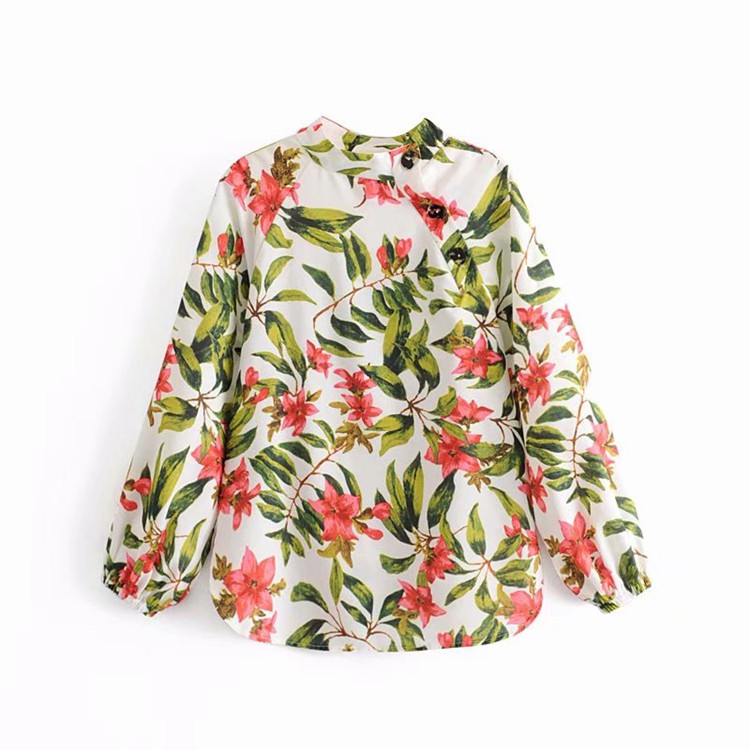 Дамска риза с дълъг ръкав с ластик  и флорален десен