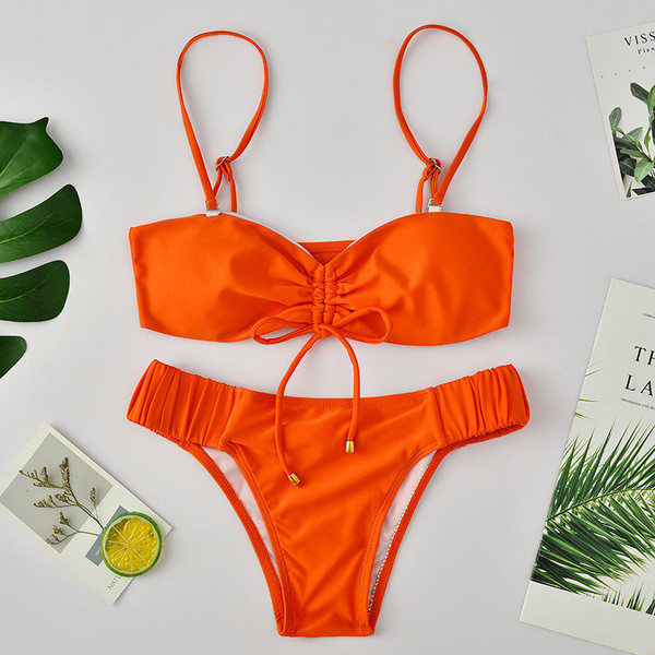 Costum de baie din două piese cu cravate de culoare portocalie