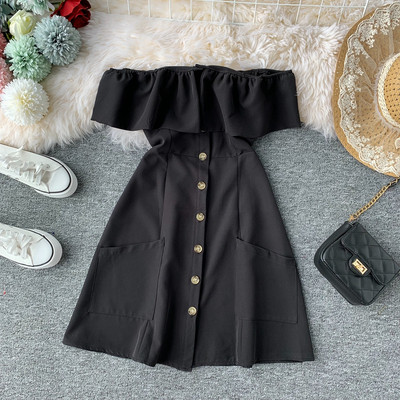 Rochie de dama eleganta cu umerii goi si buzunare in mai multe culori