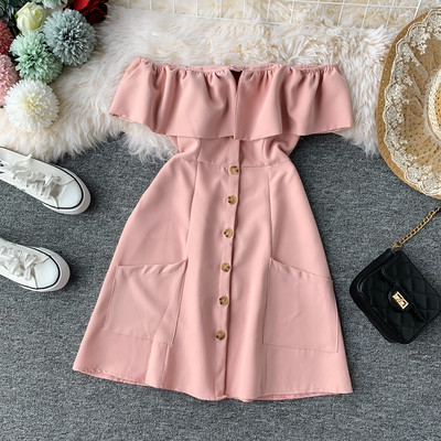 Rochie de dama eleganta cu umerii goi si buzunare in mai multe culori