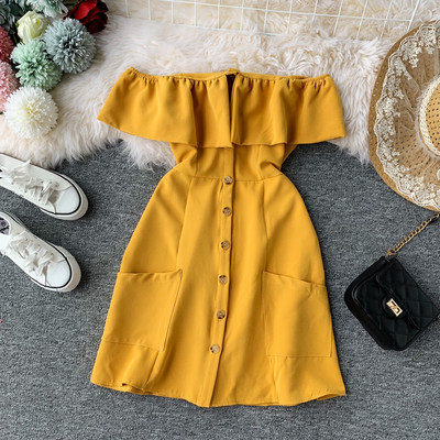 Rochie de dama eleganta cu umerii goi si buzunare in mai multe culori