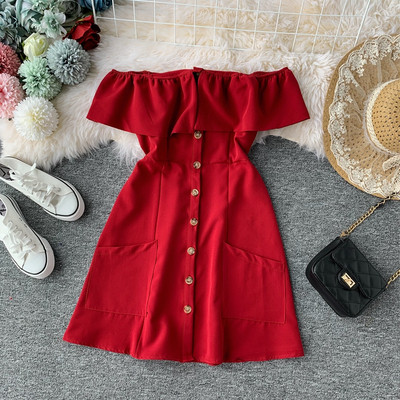 Rochie de dama eleganta cu umerii goi si buzunare in mai multe culori