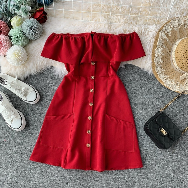 Rochie de dama eleganta cu umerii goi si buzunare in mai multe culori