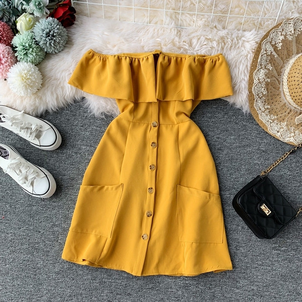 Rochie de dama eleganta cu umerii goi si buzunare in mai multe culori