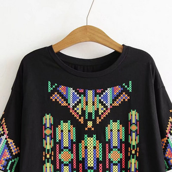 Rochie casual de dama model drept cu maneci scurte de culoare neagra si imprimeu