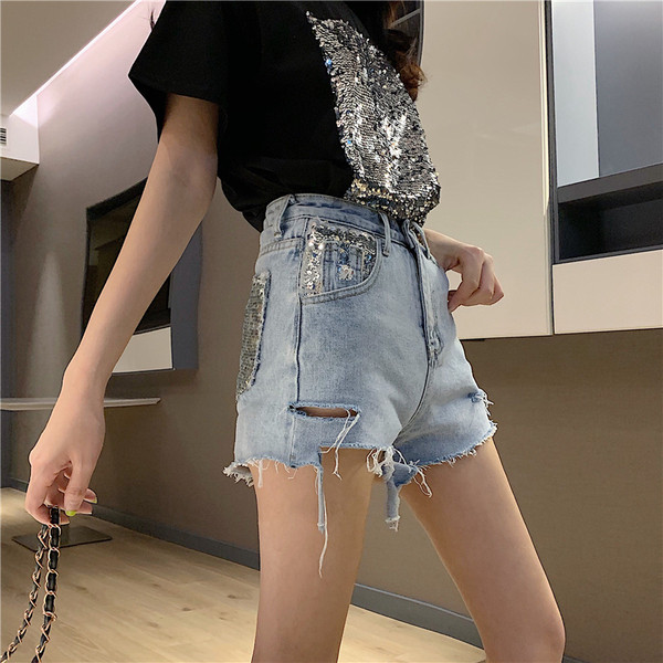 Pantaloni scurți de damă din denim cu paiete și mărimi până la 5XL