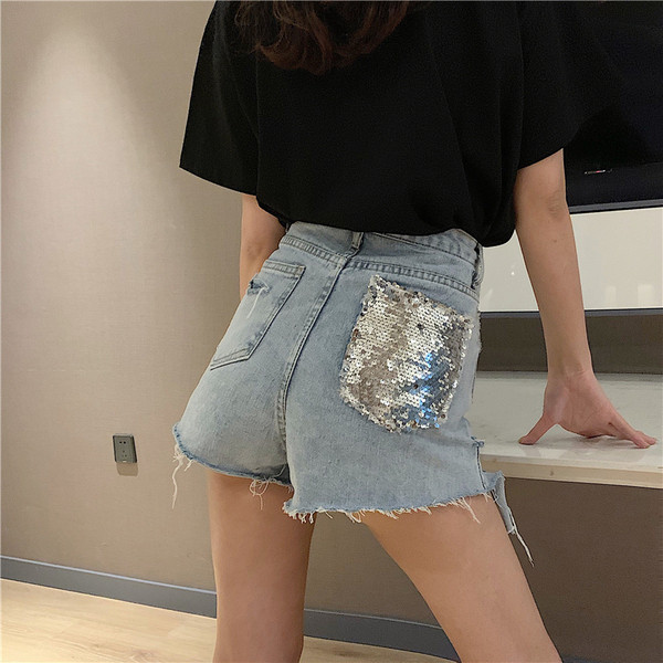 Pantaloni scurți de damă din denim cu paiete și mărimi până la 5XL