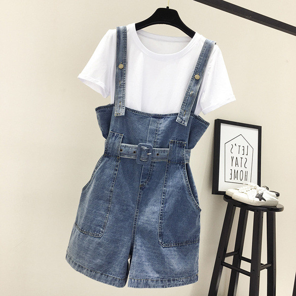 Salopeta scurta din denim cu centura si marimi pana la 5XL