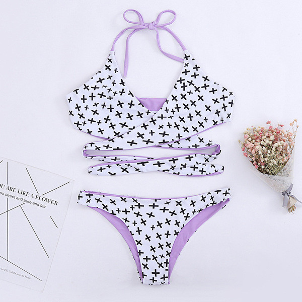 Costum de baie de damă din două piese cu cravate în alb