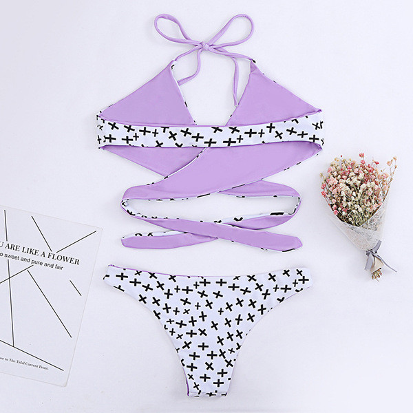 Costum de baie de damă din două piese cu cravate în alb