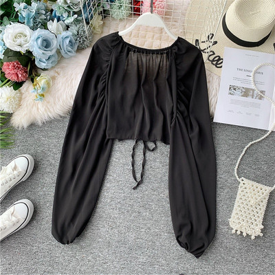 Bluză de damă modernă cu mâneci lungi și spate gol cu cravate