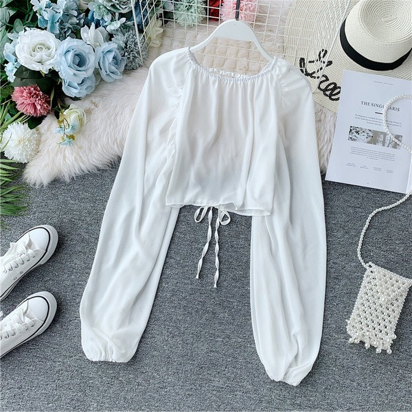 Bluză de damă modernă cu mâneci lungi și spate gol cu cravate