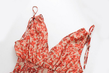 Rochie casual de dama cu bretele cu cravate si talie elastica cu model floral