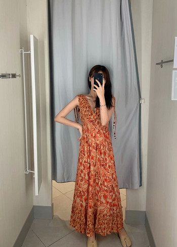 Rochie casual de dama cu bretele cu cravate si talie elastica cu model floral