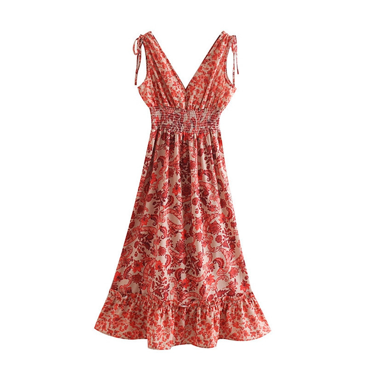 Rochie casual de dama cu bretele cu cravate si talie elastica cu model floral