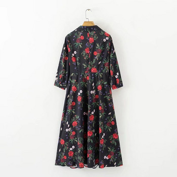 Rochie lunga de dama cu guler clasic si nasturi cu model floral