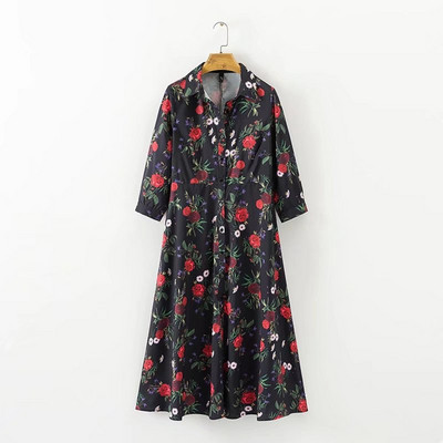 Rochie lunga de dama cu guler clasic si nasturi cu model floral