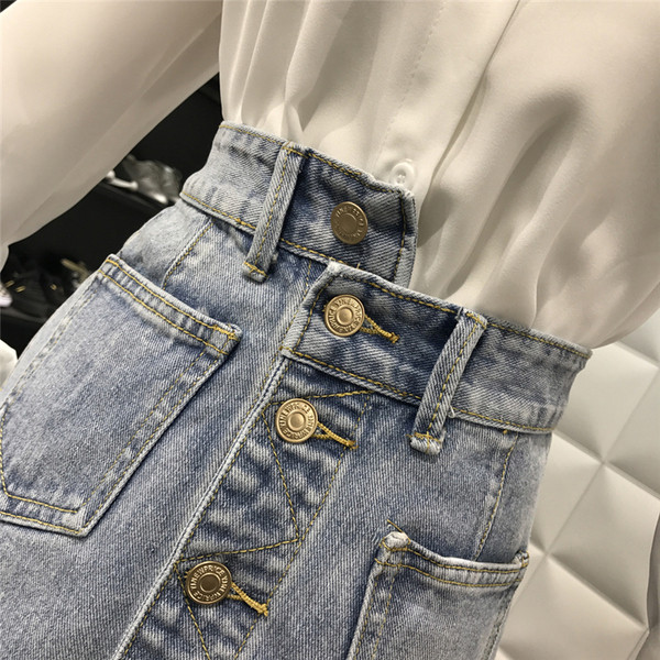 Fusta de dama actuala din denim cu nasturi si marimi pana la 5XL