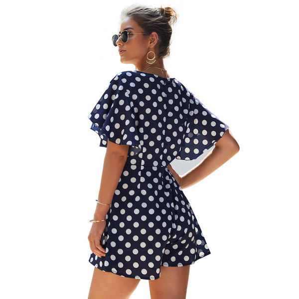 Salopetă de damă modernă cu buline cu decolteu în V în două culori