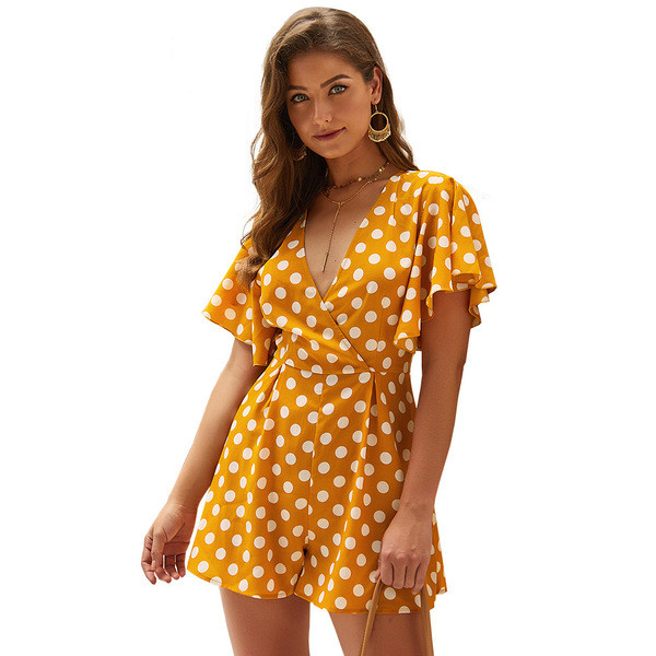 Salopetă de damă modernă cu buline cu decolteu în V în două culori