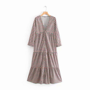 Дамска ежедневна рокля с V-образно деколте и дълъг ръкав с шарен десен