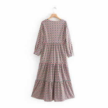 Дамска ежедневна рокля с V-образно деколте и дълъг ръкав с шарен десен