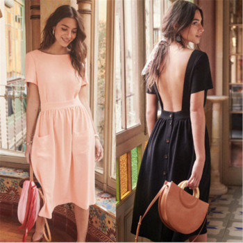 Rochie modernă de damă cu spatele gol în negru și roz