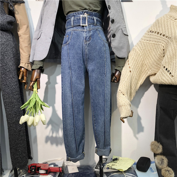 Blugi moderni de dama cu talie inalta si marimi pana la 5XL in albastru si negru