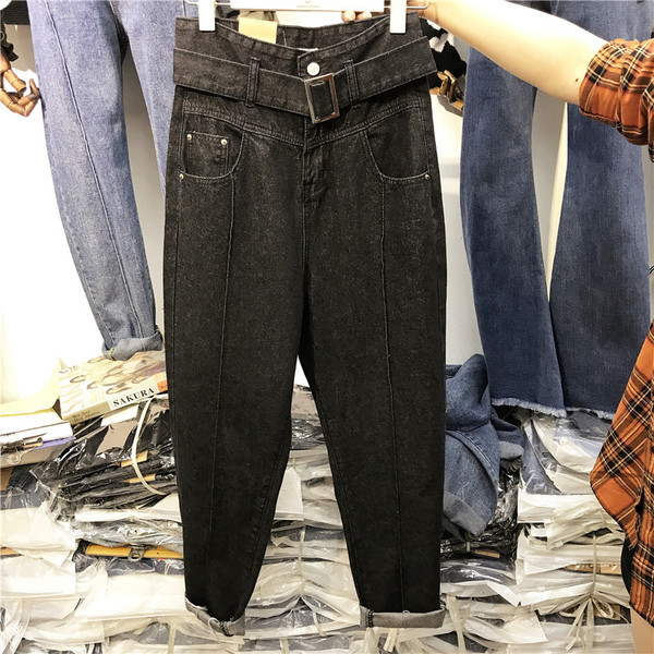 Blugi moderni de dama cu talie inalta si marimi pana la 5XL in albastru si negru