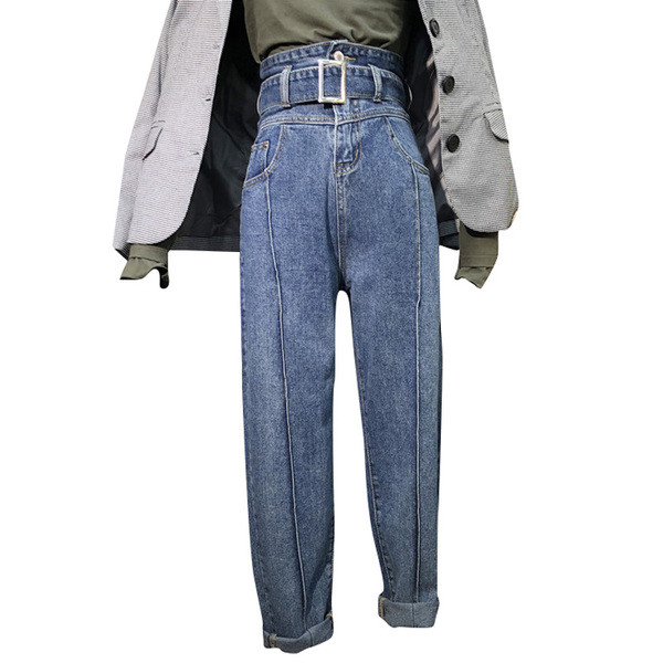 Blugi moderni de dama cu talie inalta si marimi pana la 5XL in albastru si negru