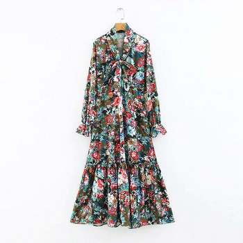 Дамска дълга разкроена рокля с дълъг ръкав с ластик с флорален десен