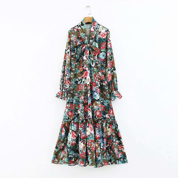 Дамска дълга разкроена рокля с дълъг ръкав с ластик с флорален десен