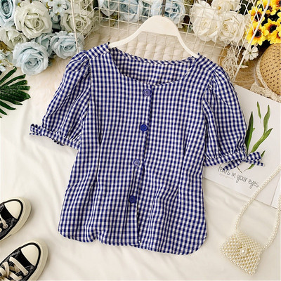 Cămașă de damă modernă în carouri cu mâneci scurte și nasturi în mai multe culori