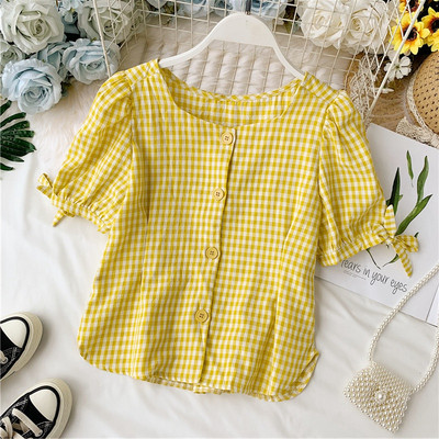 Cămașă de damă modernă în carouri cu mâneci scurte și nasturi în mai multe culori