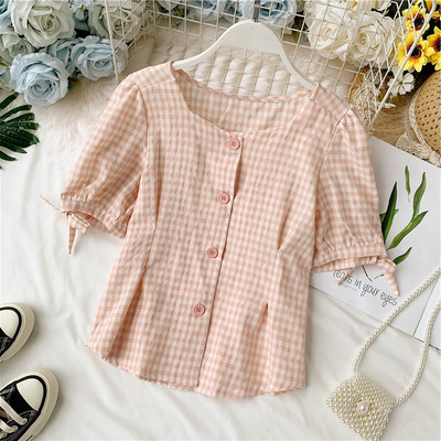 Cămașă de damă modernă în carouri cu mâneci scurte și nasturi în mai multe culori