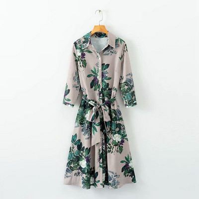 Rochie de dama cu legaturi in talie si maneci 7/8 cu model floral