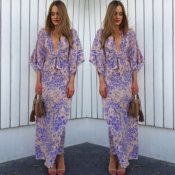 Rochie lunga de dama cu decolteu in V adanc in mai multe culori