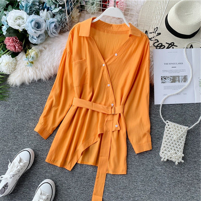 Camasa casual dama asimetrica cu curea in mai multe culori