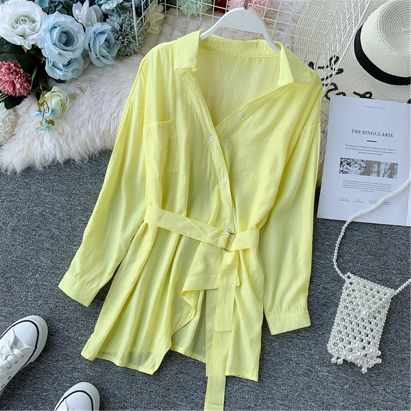 Camasa casual dama asimetrica cu curea in mai multe culori