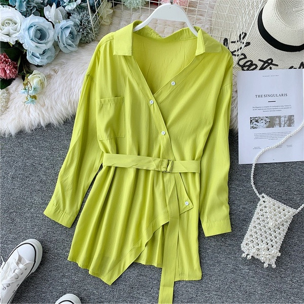 Camasa casual dama asimetrica cu curea in mai multe culori