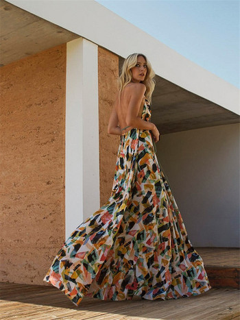 Цветна дамска дълга рокля с презрамки