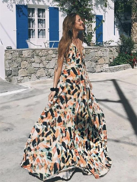 Цветна дамска дълга рокля с презрамки