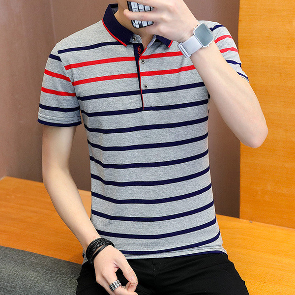 Tricou bărbătesc cu dungi în trei culori cu nasturi