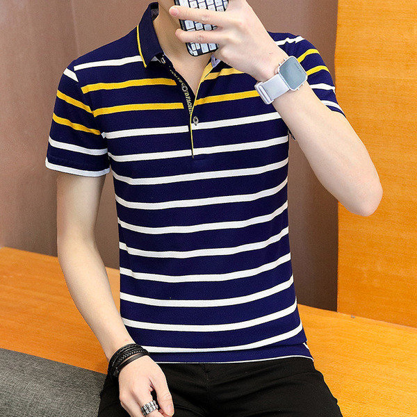 Tricou bărbătesc cu dungi în trei culori cu nasturi