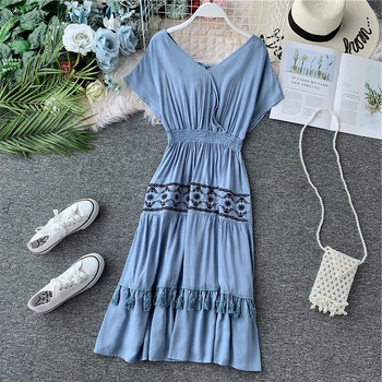 Rochie casual de dama cu maneci scurte si broderie cu ciucuri