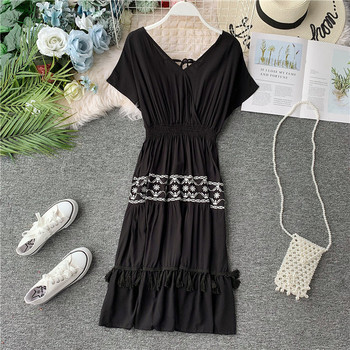 Rochie casual de dama cu maneci scurte si broderie cu ciucuri