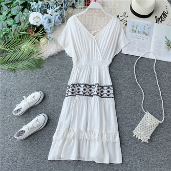 Rochie casual de dama cu maneci scurte si broderie cu ciucuri