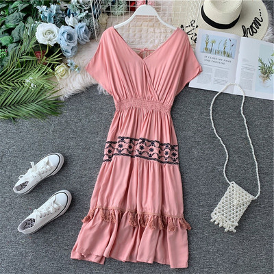 Rochie casual de dama cu maneci scurte si broderie cu ciucuri