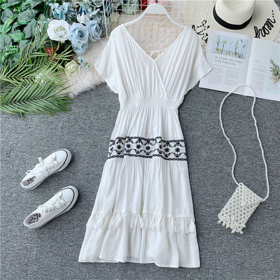 Rochie casual de dama cu maneci scurte si broderie cu ciucuri